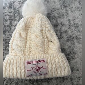 NWOT True Religion Cable Knit Removable Pom Beanie Ivory White One Size